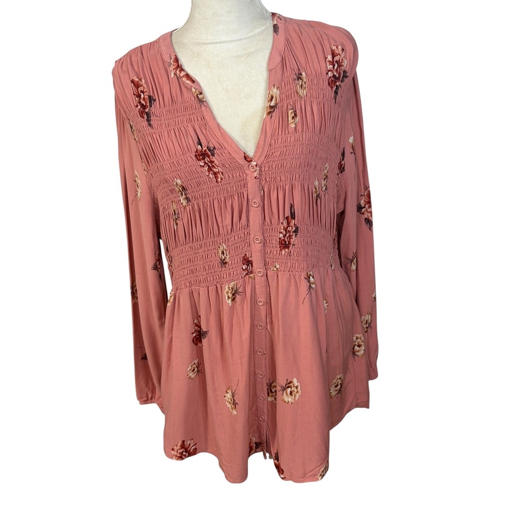 Torrid Womens Plus 2 Dusty Rose Floral Smocked Button Front Peplum Blouse Top